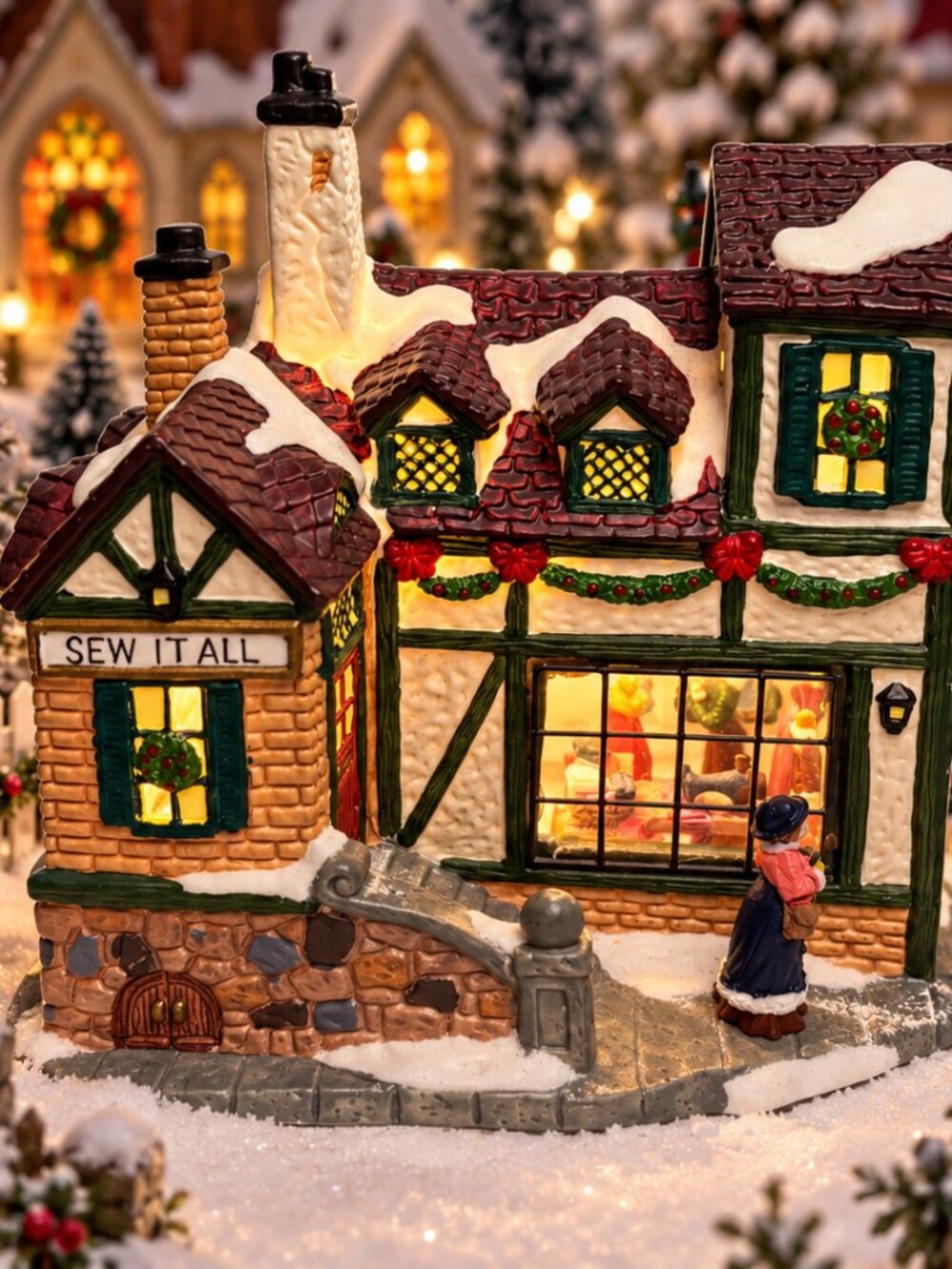 Vintage Porcelain Christmas Village “Sew It All” Sewing Tailor Shop Lighted Buil